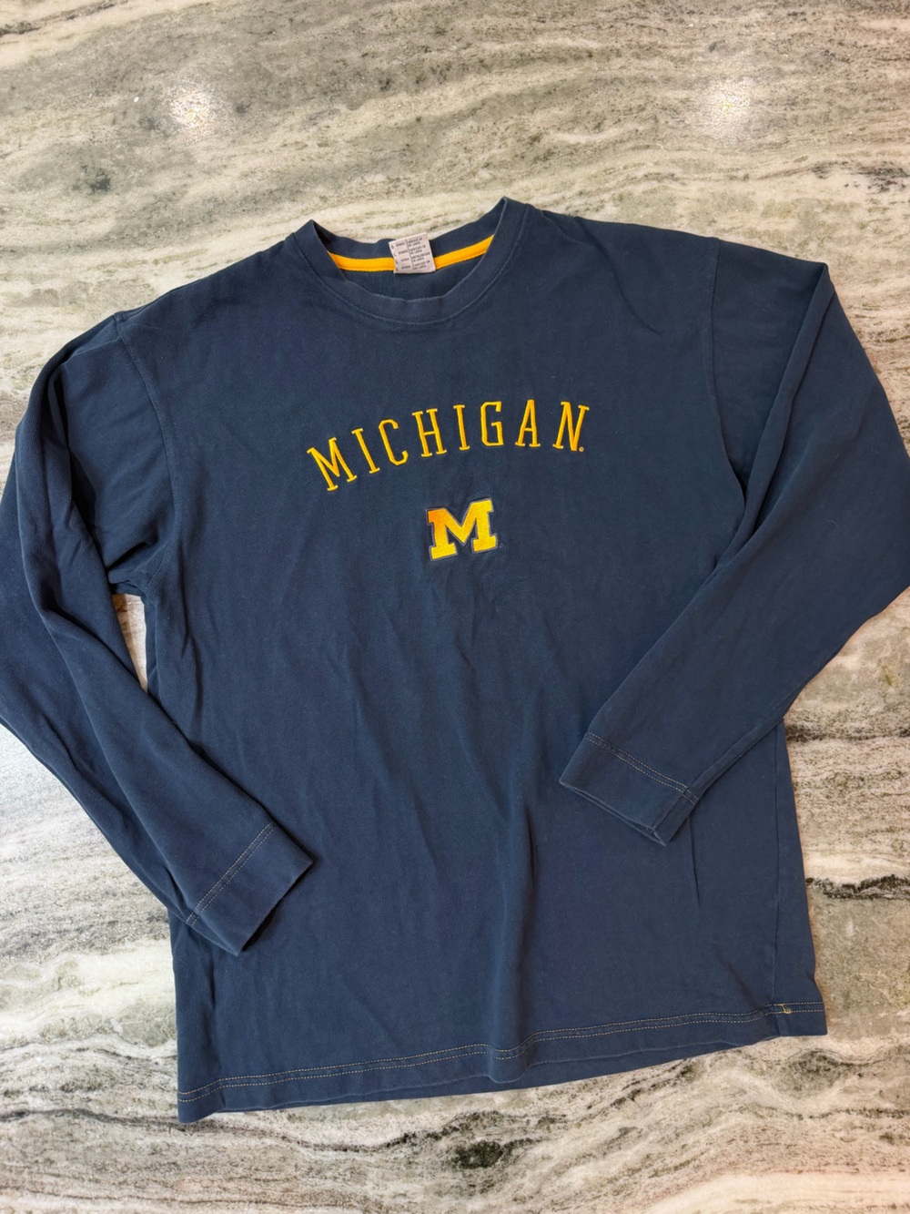 Vintage Michigan University Columbia Navy Long-Sleeve Tee with Yellow Lettering